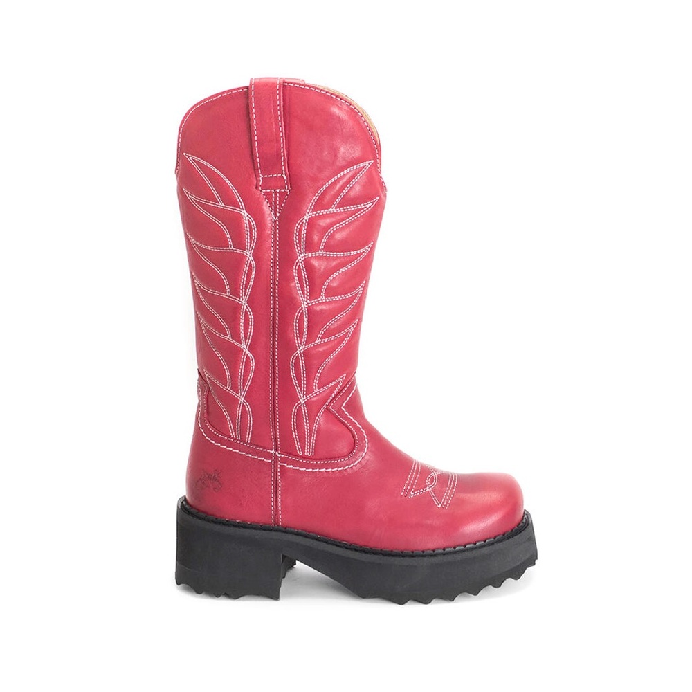 John Fluevog Red Leather Resoled F-Shoe Hi Cowboy Western Boots, Sz 10.5 - Picture 6 of 11
